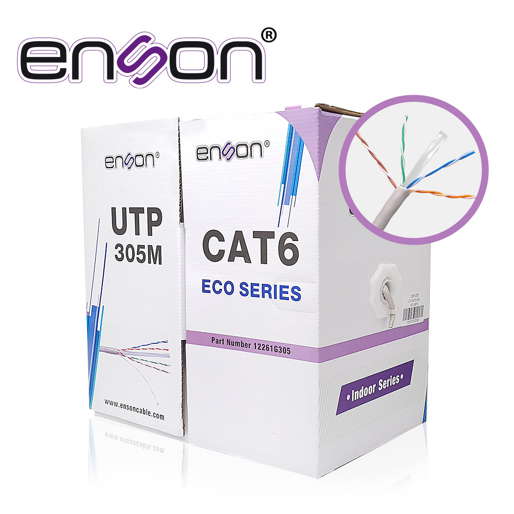 CABLE UTP CAT6 ENSON 12261G305 SERIE ECO CALIBE 23 AWG CCA BOBINA DE 305 METROS FORRO PVC COLOR GRIS USO INTERIOR RECOMENDADO PARA TRANSMISION DE DATOS BASE 10 100 1000