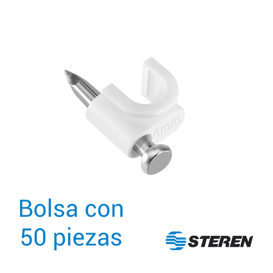 GRAPAS DE PLÁSTICO STEREN GRA-955B BOLSA CON 50 PZS C/U COLOR BLANCO ESPECIAL PARA SUJETAR CONDUCTORES  USO PARA INTERIORES Y EXTERIORES  PUEDE UTILIZARSE EN MUROS O TECHOS.