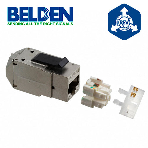 CONECTOR MODULAR JACK RJ45 CAT5E BLINDADO STP REVCONNECT BELDEN RV5MJKSME-S1 ESTILO KEYCONNECT COLOR METAL COMPATIBLE CON FACEPLATE AX102660 AX102655 AX102249 ESQUEMA DE CABLEADO T568A/B HERRAMIENTA COMPATIBLE RVUTT01 USO INTERIOR CALIBRE DEL CONDUC