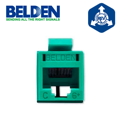 CONECTOR MODULAR JACK RJ45 CAT6 REVCONNECT BELDEN RV6MJKUGN-S1 ESTILO KEYCONNECT VERDE COMPATIBLE CON FACEPLATE AX102660 AX102655 AX102249 ESQUEMA DE CABLEADO T568A/B HERRAMIENTA COMPATIBLE RVUTT01 USO INTERIOR CALIBRE DEL CONDUCTOR 23-24 AWG