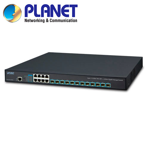 SWITCH ADMINISTRABLE CAPA 3 / PLANET XGS-6350-12X8TR / 8 PUERTOS RJ45 MDI/MDI-X 1000 MBPS / 12 PUERTOS SFP 10GIGABIT ETHERNET / 1 PUERTO DE CONSOLA / 180 MPPS / 55W DE CONSUMO / 2 VENTILADORES / RECINTO DE METAL / MONTAJE EN RACK