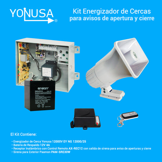 KIT ENERGIZADOR DECERCAS CON SALIDA A SIRENA ENERGIZADOR YONUSA EY NG 12000 1 + BATERIA ENS-BT412 + SIRENA PAM-SRE30W + RECEPTOR CON SALIDA A SIRENA AX-REC12