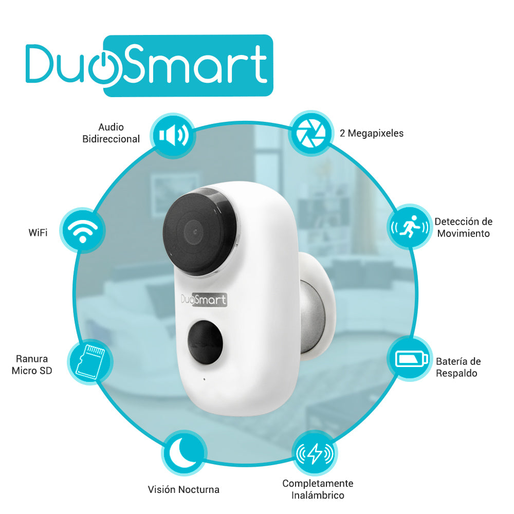 CAMARA INTELIGENTE 100% INALAMBRICA DUOSMART E40 WIFI 2.4 GHZ COMPATIBLE CON APP DUOSMART CON BATERIA RECARGABLE INTEGRADA DE LARGA DURACIÓN CON AUDIO BIDIRECCIONAL GRABACION POR DETECCION DE MOVIMIENTO EN MICROSD DE HASTA 128GB (NO INCLUIDA)