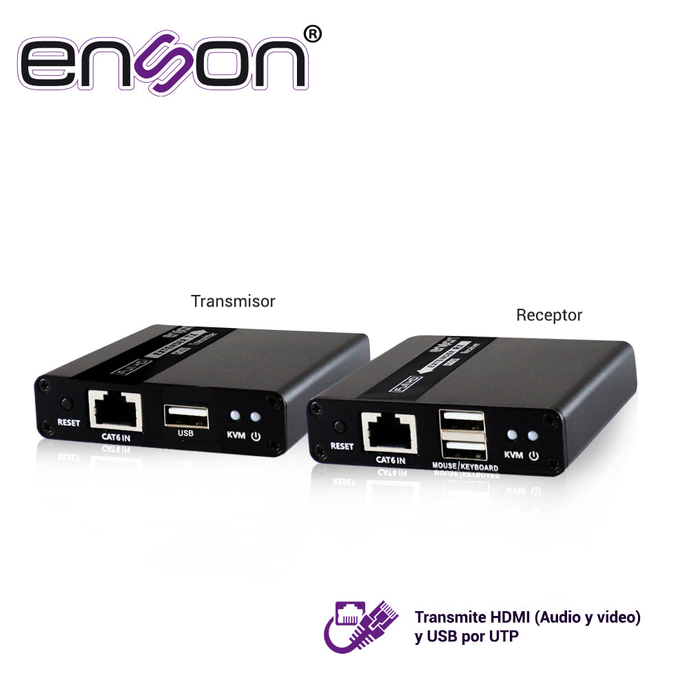 EXTENSOR HDMI ENSON ENS-HDMIE70KVM DE 70MTS MEDIANTE CABLE UTP CAT6/6A/7 SE PUEDE CASCADEAR TRANSMITE VIDEO FULL HD 1080P@60HZ  AUDIO STEREO Y TECLADO Y MOUSE A DISTANCIA  NO INCLUYE CABLE HDMI