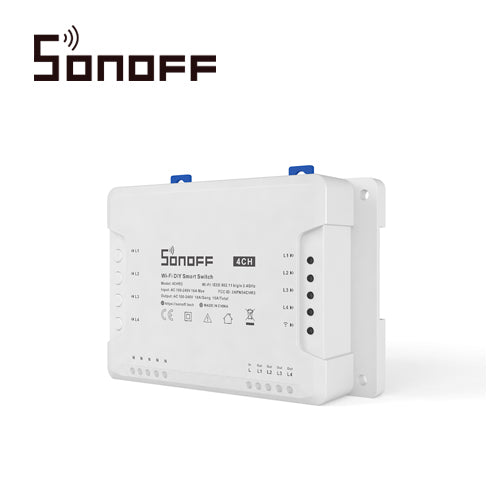 INTERRUPTOR INTELIGENTE CON 4 RELEVADORES NC/NO SONOFF 4CH PRO R3 WIFI 2.4 GHZ HASTA 10AMP POR CANAL 40 AMP TOTALES PARA SOLUCION DE SMART HOME CON TEMPORIZADOR  MONTAJE DIN RAIL Y TRES MODOS DE TRABAJO PARA IOS Y ANDROID COMPATIBLE CON ALEXA/GOOGLE