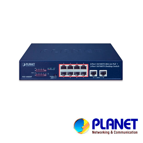 SWITCH PLANET FSD-1008HP NO ADMINISTRABLE /8 PUERTOS RJ45 VELOCIDAD DE TRANSMISION 10/100 MBPS ALIMENTACION POE ACTIVO AF/AT + 2 PUERTOS RJ45 VELOCIDAD DE TRANSMISION 100 MBPS / TEMPERATURA DE OPERACION 0-50 GRADOS CENTIGRADOS / BUDGET TOTAL 120W/ D