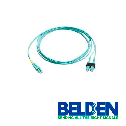 JUMPER DE FIBRA OPTICA BELDEN FP3LDSD003M FORRO PVC COLOR AQUA FLAMABILIDAD OFNR RISER TIPO DE FIBRA MULTIMODO OM3 50/125 MICRAS CONECTORES LC DUPLEX - SC DUPLEX LONGITUD 3 METROS APLICACIONES ADECUADAS CENTROS DE DATOS SALAS DE EQUIPOS PRINCIPALES