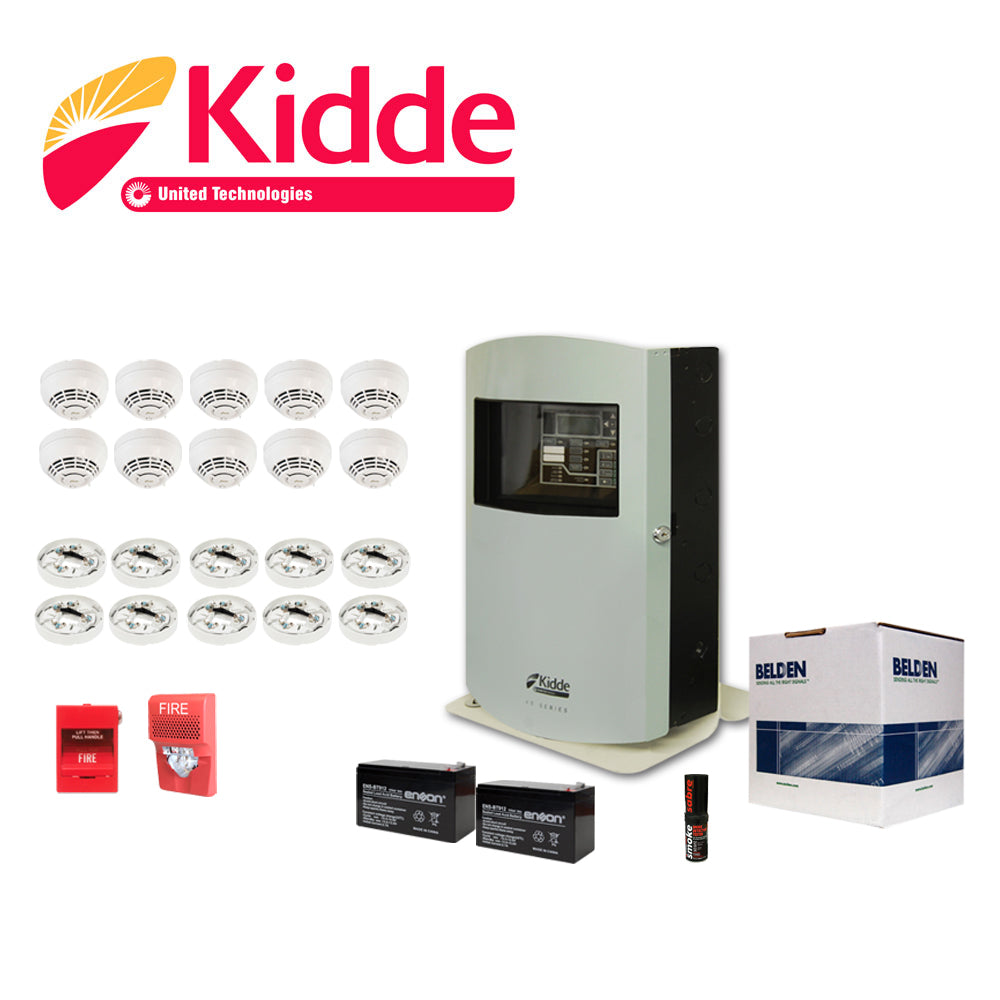 KIT KIDDE BASICO DE DETECCION DE HUMO  1.0 CONSTA DE 1 PANEL INTELIGENTE VS1-G-SP DE HASTA 64 DISPOSITIVOS  10 SENSORES DE HUMO KI-OSD  10 BASES ESTANDAR KI-SB  1 ESTACION MANUAL GSA-M278  1 SIRENA CON ESTROBO EG1AVRF  CABLE DE ALARMA 2C/18AWG 5320U