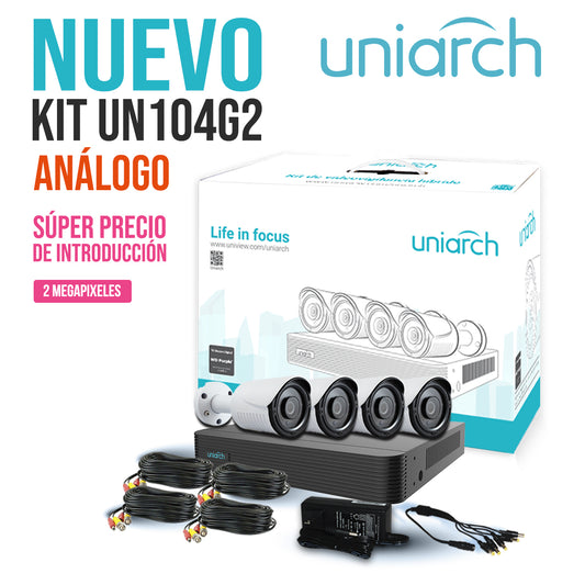 KIT 4X4 1080P 2MP BULLET EXTERIOR UNIARCH UN104G2 INCLUYE 1 XVR DV104UNV03  4 BULLET 2.8MM C4111UNI05  4 CABLES CB01AMER06  1 DISTRIBUIDOR FPA02ENS02 Y FUENTE DE PODER FP121ENS10