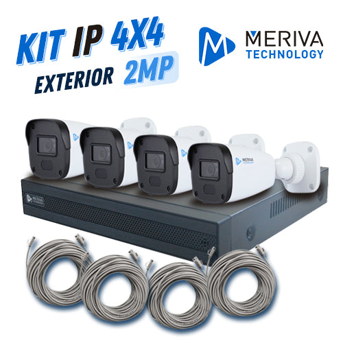 KIT 4X4 IP INTERIOR/EXTERIOR BULLET 2MP 1080P INCLUYE 1 NVR POE 4PTOS + 4 CAM BULLET IP 2MP 2.8MM / CABLES PREPONCHADOS DE 18MTS
