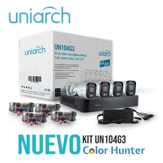 KIT BULLET UNIARCH  UN104G3 / 4CAMARAS-BULLET-2MP / EXTERIORES / LENTE 2.8 MM /1XVR / 1080P / COLORHUNTER / COLOR-24/7 / 4CABLES-PREPONCHADOS-18M0 / 1DISTRIBUIDOR-ENERGIA-4SALIDAS / FUENTE-12VDC