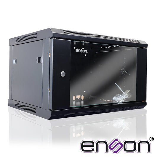 GABINETE DE PARED ENSON ENS-RKGB6U 6UR PUERTA FRONTAL DE CRISTAL TEMPLADO CON CERRADURA DE SEGURIDAD RANURAS DE VENTILACION EN LA PARTE SUPERIOR PARA 2 VENTILADORES DE 11 CM ENSAMBLADO 600X450X368MM