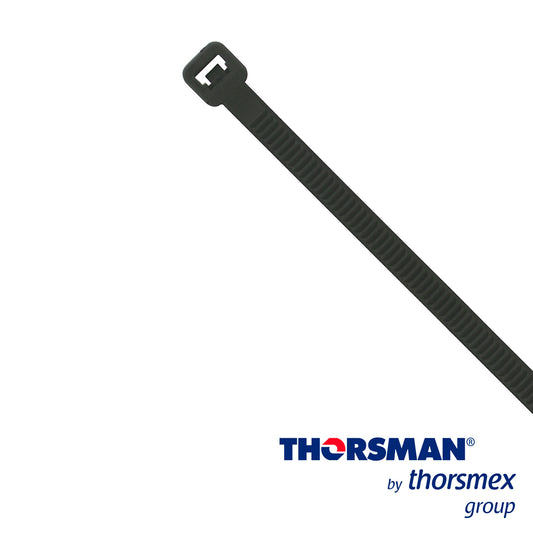CINCHO NYLON TH-190 THORSMAN 4200-03001 COLOR NEGRO  A 4.8MM - L 190MM  BOLSA/100PZS  DIAMETRO MAXIMO CAPACIDAD DE ATADO 49mm  FABRICADO EN POLIAMIDA (Nylon 66)  GRADO DE FLAMABILIDAD UL 94 V-2  RESISTENTE A LA CORROSIÓN  HUMEDAD Y CLIMAS EXTREMOS