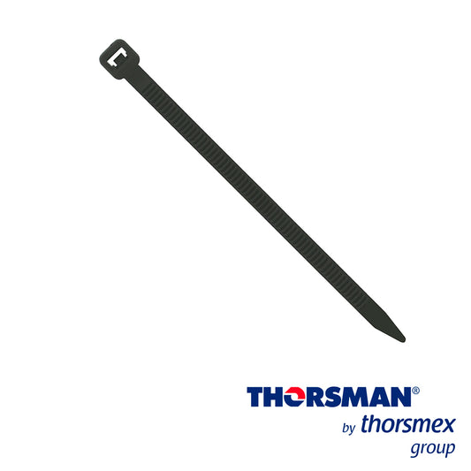 CINCHO NYLON TH-100 THORSMAN 4200-01001 COLOR NEGRO A 2.5MM- L 100MM BOLSA/100PZS DIAMETRO MAXIMO CAPACIDAD DE ATADO 22mm  FABRICADO EN POLIAMIDA (Nylon 66)  GRADO DE FLAMABILIDAD UL 94 V-2   RESISTENTE A LA CORROSIÓN  HUMEDAD Y CLIMAS EXTREMOS  TEN