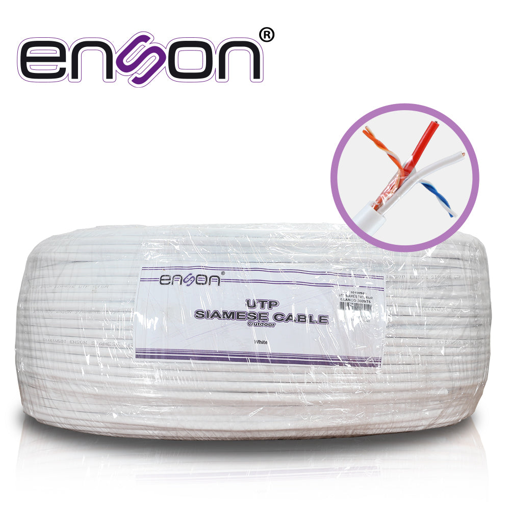 CABLE UTP SIAMES ENSON 51101W500 4C PARA DATOS Y DOS CABLES CALIBRE 18AWG (ROJO Y NEGRO) PARA ALIMENTACIÓN  DISEÑADO PARA SU USO EN SOLUCIONES DE CCTV UNICAMENTE  BOBINA DE 500 METROS COLOR BLANCO PARA SU USO EN EXTERIOR