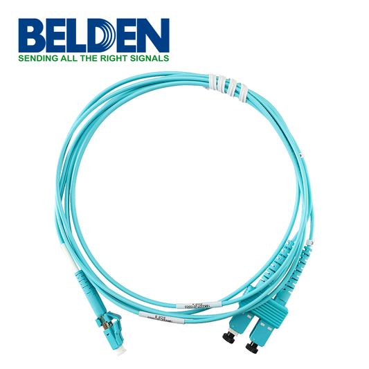 JUMPER DE FIBRA OPTICA BELDEN FP3LDSD002M FORRO PVC COLOR AQUA FLAMABILIDAD OFNR RISER TIPO DE FIBRA MULTIMODO OM3 50/125 MICRAS CONECTORES LC DUPLEX - SC DUPLEX LONGITUD 2 METROS APLICACIONES ADECUADAS CENTROS DE DATOS SALAS DE EQUIPOS PRINCIPALES