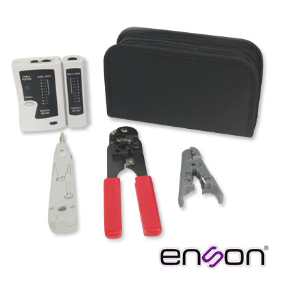 KIT COMPLETO ENSON ENS-KTCB PINZAS+TESTER  INCLUYE: -PROBADOR DE CABLEADO -PINZA CRIMPEADORA RJ45 -PINZA PELADORA UTP/STP - + MALETIN TRANSPORTADOR -HERRAMIENTA PUNCH DOWN