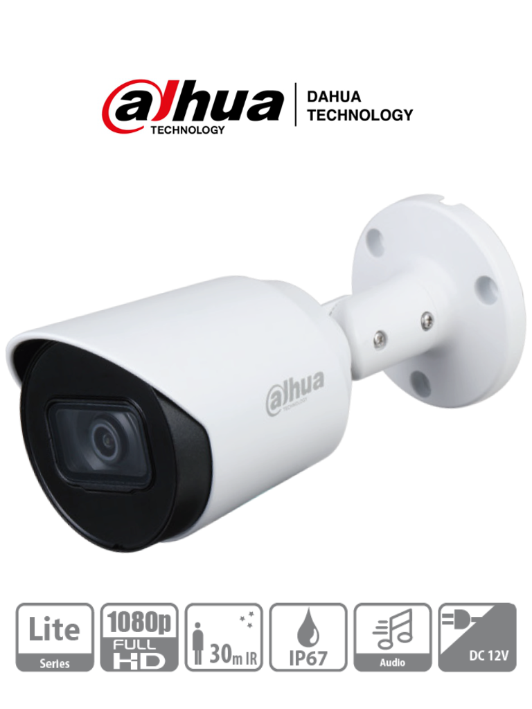 DAHUA HAC-HFW1200T-A - Cámara Bullet HDCVI 1080p micrófono integrado  lente 2.8 mm  ángulo de visión de 103°  IR 30 m  IP67  carcasa metálica  DWDR  BLC  HLC. Ideal para vigilancia con alta definición y resistencia en exteriores.