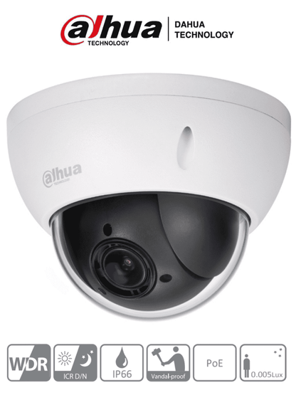 DAHUA SD22204UEN - GN - Camara IP PTZ Mini Domo Antivandalica de 2 Megapixeles/ 4x de Zoom Optico/ H.265/ WDR Real de 120 dB / Videoanaliticos con IVS/ .005 Lux/ Starlight/ IK10/ IP66/ PoE/