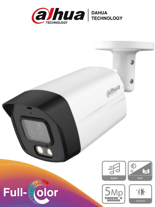 DAHUA HFW1509TLM-A-LED - Camara Bullet Full Color de 5 Megapixeles/ Lente de 3.6mm/ Microfono Integrado/ Leds para 40 Mts/ Starlight/ IP67/  Metal+Policarbonato/ #FullColor