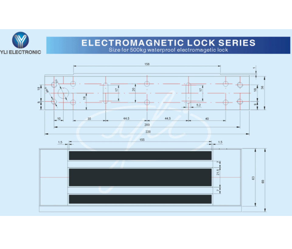 YLI YM500NW - Cerradura Magnética para exterior IP68 / Fuerza de Sujeción 500Kg /1200Lb / Voltaje Dual 12v / 24VDC / Compatible con Soporte MBK500NZLW / Puertas de madera  vidrio  metálica