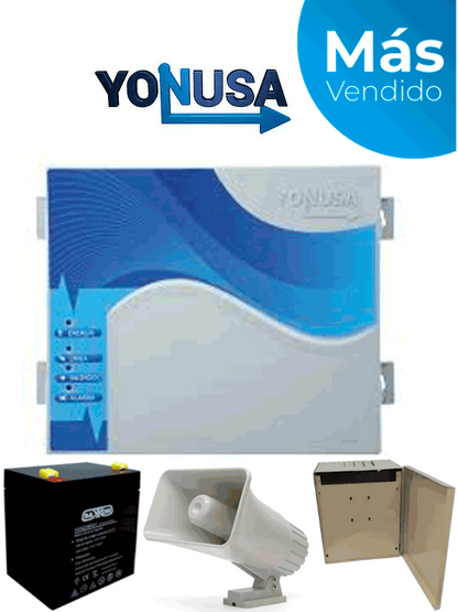 YONUSA EYNG12001BAT - Energizador de nueva generación de12 000 V con hasta 2 500 metros lineales  compatible con modulo Wifi  incluye Sirena de 30W con gabinete metálico y batería de respaldo de 12VDC a 4.5 Ah