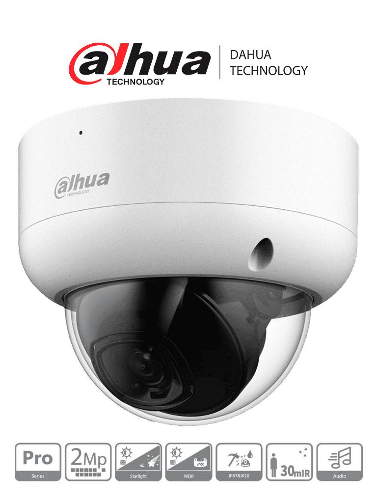 DAHUA HAC-HDBW2241EAN-A - Camara Domo Antivandalica de 2 Megapixeles/ Serie Pro/ Lente de 2.8 mm/ 109 Grados de Apertura/ 40 Metros de IR/ Super Adapt/ WDR Real de 130 dB/ Microfono Integrado/ IP67/ IK10/