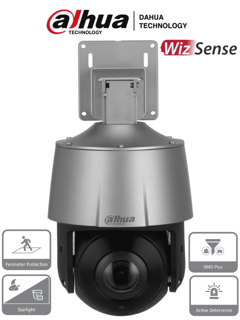 DAHUA SD3A205-GNP-PV - Camara IP PTZ de 2 Megapixeles/ 5x de Zoom Optico/ WizSense/ Starlight/ IR de 30 Mts/ Microfono y Altavoz Integrado/ Audio 2 Vías/ Protección Perimetral/ Disuasión Activa/ 1 Led de Luz Blanca/ IP66/ PoE/