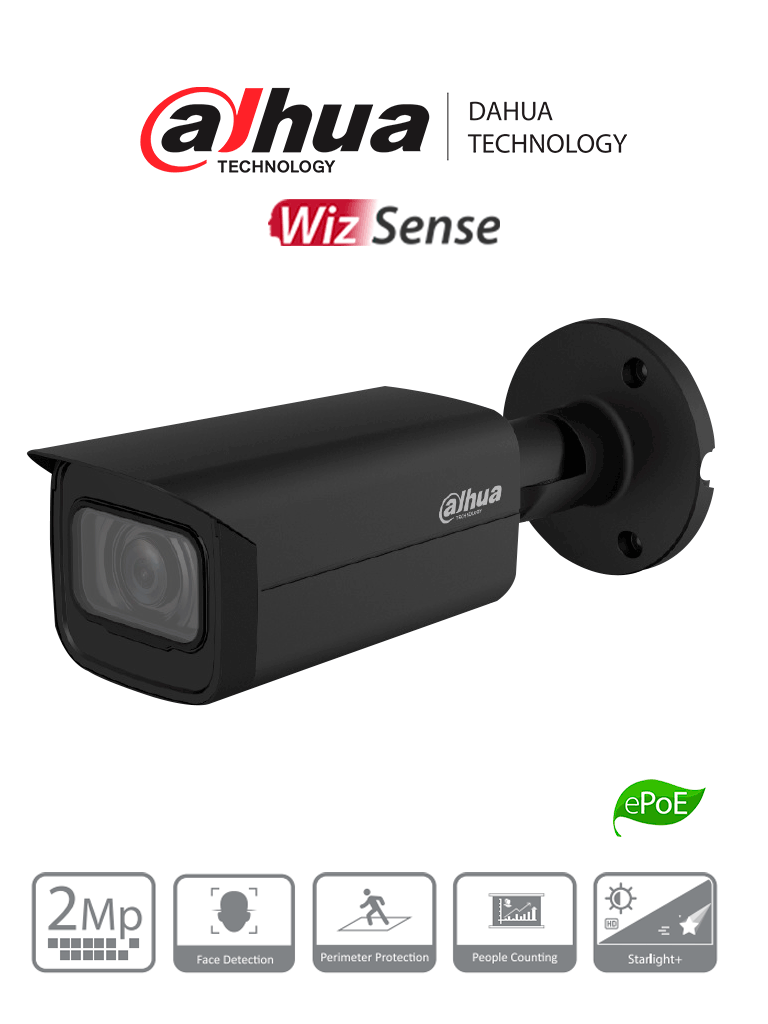 DAHUA IPC-HFW5241T-SE (BLACK) - Cámara IP Bullet Resolución de 2 MP/ Lente 3.6 mm/  ? 106°/ IR 80 mts/ IA WizMind/ Detección Facial/ Protección Perimetral/ Conteo de Personas/ Starlight/ PoE/ WDR/ H.265+/ IP67/ IK10/#Black