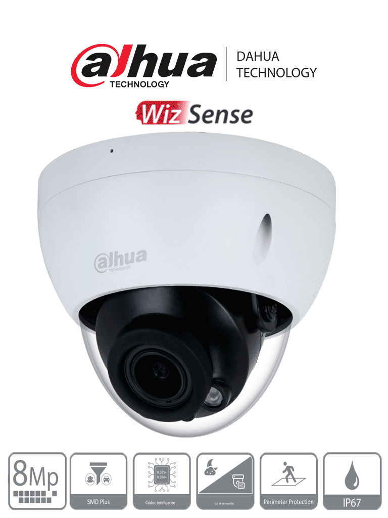 DAHUA DH-IPC-HDBW2841R-ZS - Cámara IP Domo Antivandálica de 8MP con lente motorizado 2.7-13.5mm  IR 40m  IA WizSense  detección de movimiento inteligente  protección perimetral  Starlight  PoE  WDR  H.265+  IP67  IK10.