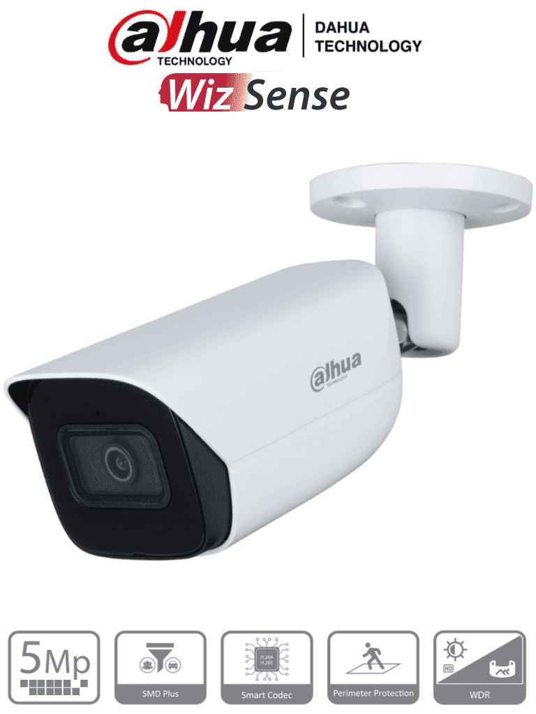 DAHUA IPC-HFW2541E-S - Camara IP Bullet de 5 Megapixeles/ WizSense/ Lente de 2.8mm/ 97 Grados de Apertura/ IR de 30 Metros/ SMD Plus/ Microfono Integado/ PoE/ Ranura para MicroSD/ IP67/  WDR Real de 120 dB/