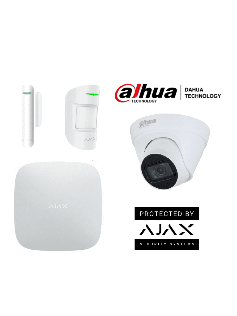 AJAX+DAHUA  Integra KIT  - Paquete de Alarma Inalámbrica AJAX Hub2Plus conexión Ethernet / WiFi / LTE  Sensor PIR   Sensor Magnético y  Cámara Dahua IP Domo de 2 MP Lente de 2.8mm IR de 30 Mts IP67 DWDR. Integración de cámaras Dahua mediante APP AJA
