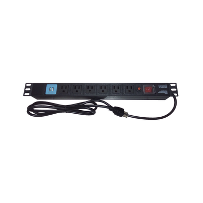 Tomacorriente Horizontal (PDU) de 6 contactos (NEMA 5-15R) + 2 USB para instalación en Rack de 19"  1UR  125 Vca/ 15 A (THE0040091001001)