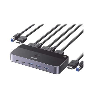 Conmutador KVM HDMI 4K | HDMI 2.0 | 2 Entradas 1 Salida | 4 Puertos USB 3.0 (3 USB-A *1 USB-C) | Soporta 4K@60Hz | HDR | Indicador Led | Compatible Win  MacOs y Linux | Carcasa de Aluminio.