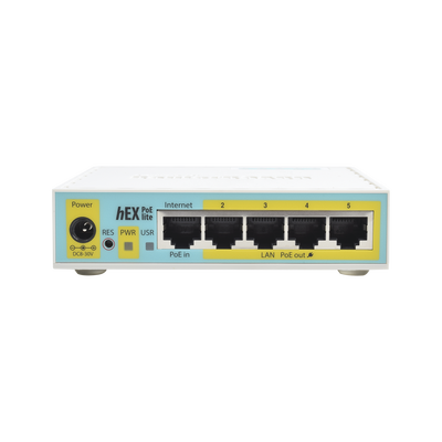 (hEX PoE LITE) RouterBoard  5 Puertos Fast Ethernet  4 con PoE Pasivo  1 Puerto USB