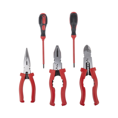 Kit de 3 Pinzas Aisladas + 2 Desarmadores Aislados de Electricista. Ideal para trabajos en Tableros Eléctricos.