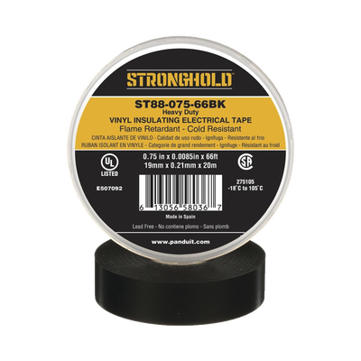 Cinta Eléctrica STRONGHOLD para Aislar  de PVC  Trabajo Pesado Eléctrico Industrial (Soporta abrasión  UV  agua  aceite y corrosión)  Grosor de 0.21 mm (8.5 mil)  Ancho de 19 mm  y 20 m de Largo  Uso Interior/Exterior  Color Ne