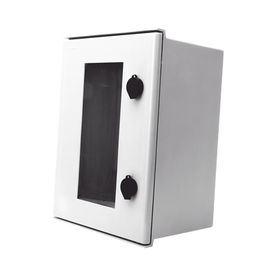 Gabinete de Poliéster IP65 Puerta Transparente  Uso en Intemperie (300 x 400 x 200 mm) con Placa Trasera Interior de Plástico (Incluye Chapa y Llave).