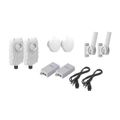 Kit de 2 radios B5X con 2 antenas de (12 dBi)  rango de frecuencia extendida (4.9 a 6.4 GHz)   incluye inyector POE  cable de alimentación y 2 FLEXIMOUNT-XL para alineación  distancia de hasta 2 km