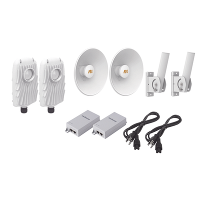 Kit de 2 radios B5X con kit de antenas (20dBi)  rango de frecuencia extendida (4.9 a 6.4 GHz)   incluye inyector POE  cable de alimentación y 2 FLEXIMOUNT-XL para alineación  distancia de hasta 8 km