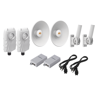 Kit de 2 radios B5X con kit de antenas de (25 dBi)  rango de frecuencia extendida (4.9 a 6.4 GHz)   incluye inyector POE  cable de alimentación y 2 FLEXIMOUNT-XL para alineación  distancia de hasta 10 km