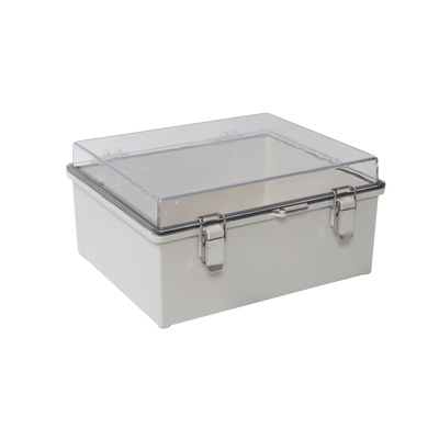 Gabinete Plástico ABS  Puerta Transparente  Uso en Intemperie (350 x 460 x 160 mm) Cierre por Broches Inoxidables y Permite Cerrado con Candado y Llave (Perno 5mm) No Incluido