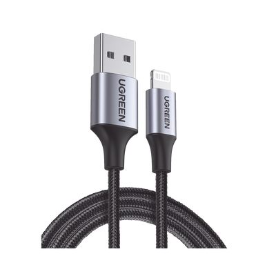 Cable USB-A a Lightning | 1 Metro | Certificado MFi | Carga Rápida 5V/2.4 A | 480 Mbps | Conector C94 | Adecuado para iPhone  iPad y iPod | Protección Integrada | Caja de Aluminio | Nylon Trenzado | Color Negro.