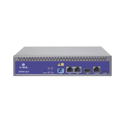 OLT de 1 puerto GPON SC/UPC + 3 puertos Uplink (2 puertos Gigabit Ethernet + 1 puerto SFP/SFP+)  Fuente de alimentación redundante AC/DC   hasta 128 ONUS