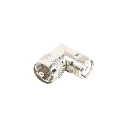 Adaptador en Ángulo Recto  de Conector UHF Macho (PL-259) a UHF Hembra (SO-239)  Níquel/ Oro/ Delrin.