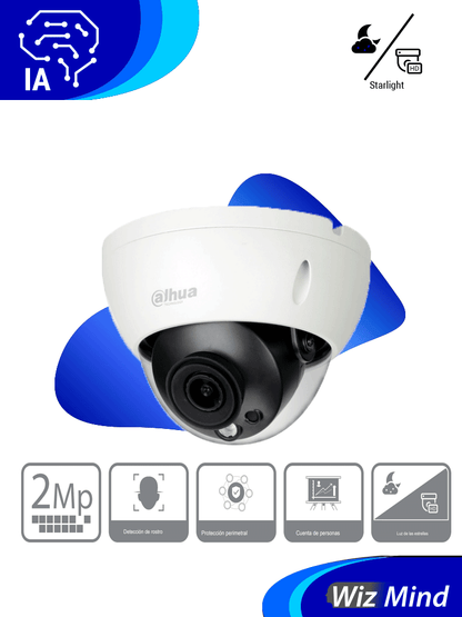 DAHUA IPC-HDBW5241RN-S-0280B - Cámara IP Domo Antivandálica Resolución de 2 MP/ Lente 2.8 mm/ ? 106°/ IR 50 mts/ IA WizMind/ Detección Facial/ Protección Perimetral/ Conteo de Personas/ Starlight/ PoE/ WDR/ H.265/ IP67/ IK10/