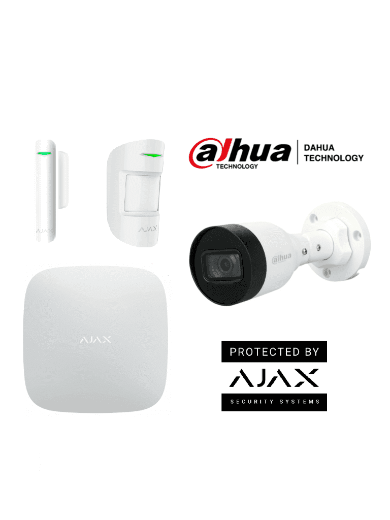 AJAX+DAHUA Integra KIT 2- Paquete de Alarma Inalámbrica AJAX Hub2Plus conexión Ethernet / WiFi / LTE  Sensor PIR   Sensor Magnético y Cámara Dahua IP Bala de 2 MP Lente de 2.8mm IR de 30 Mts IP67 DWDR. Integración de cámaras Dahua mediante APP AJAX