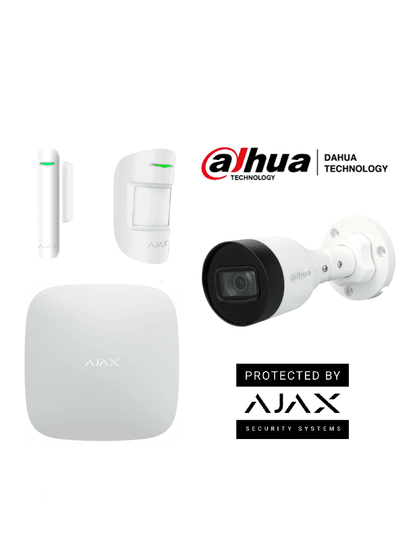 AJAX+DAHUA Integra KIT 2- Paquete de Alarma Inalámbrica AJAX Hub2Plus conexión Ethernet / WiFi / LTE  Sensor PIR   Sensor Magnético y Cámara Dahua IP Bala de 2 MP Lente de 2.8mm IR de 30 Mts IP67 DWDR. Integración de cámaras Dahua mediante APP AJAX