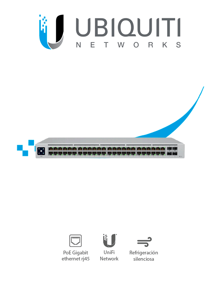 UBIQUITI USW-48 UniFi Switch Capa 2 de 48 puertos 10/100/1000 Mbps más 4 puertos 1G SFP  con pantalla informativa.