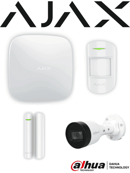 AJAX+DAHUA Integra KIT 2- Paquete de Alarma Inalámbrica AJAX Hub2Plus conexión Ethernet / WiFi / LTE  Sensor PIR   Sensor Magnético y Cámara Dahua IP Bala de 2 MP Lente de 2.8mm IR de 30 Mts IP67 DWDR. Integración de cámaras Dahua mediante APP AJAX
